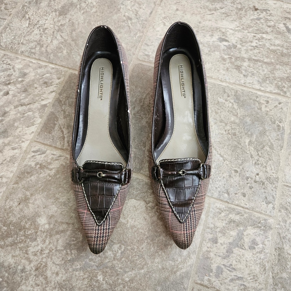 Plaid Kitten Heel Pumps Women 7 Slip on Pointed Toe Office